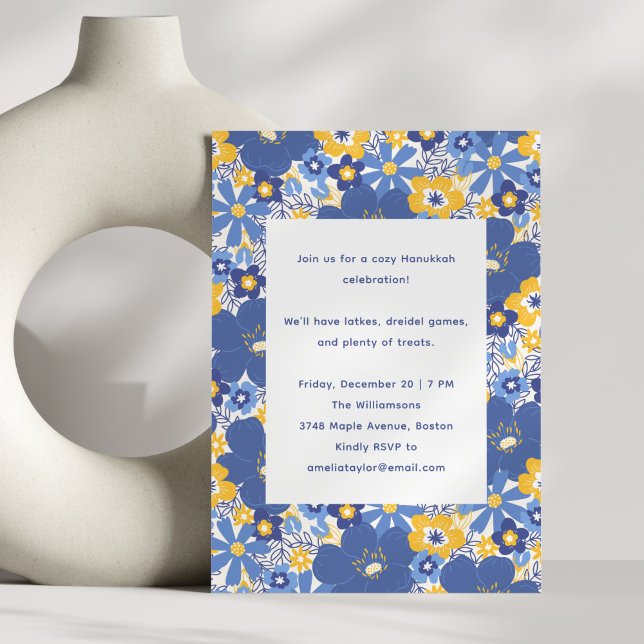Invitation Blue Floral Simple Festive Family Hanukkah Party (Créateur téléchargé)