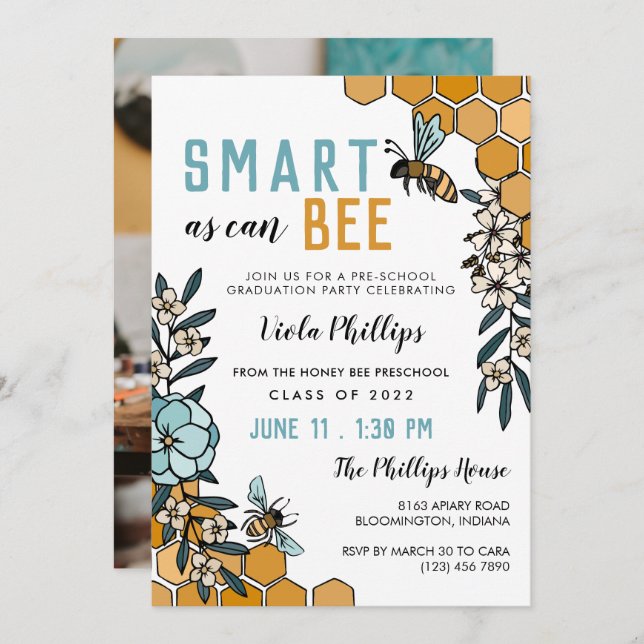 Invitation Blue Floral Smart As Can Beol Preschool Graduation (Devant / Derrière)