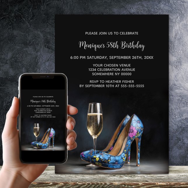 Invitation Blue Floral Stiletto Shoes Birthday Party (Créateur téléchargé)