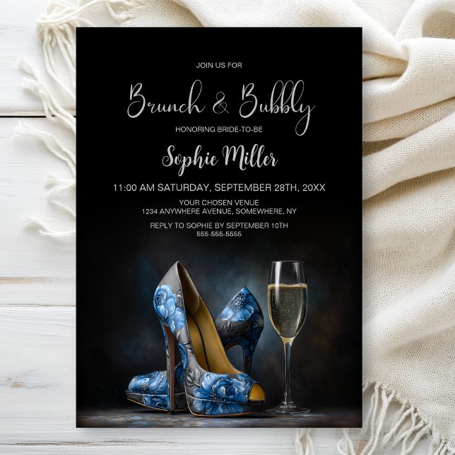 Invitation Blue Floral Stiletto Shoes Brunch and Bubbly (Créateur téléchargé)