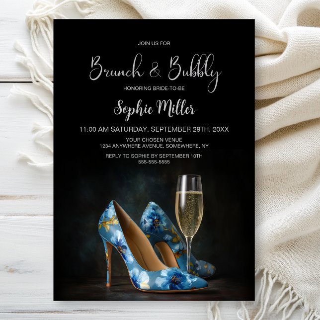 Invitation Blue Floral Stiletto Shoes Brunch and Bubbly (Créateur téléchargé)