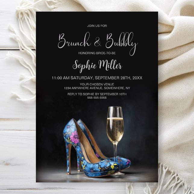 Invitation Blue Floral Stiletto Shoes Brunch and Bubbly (Créateur téléchargé)