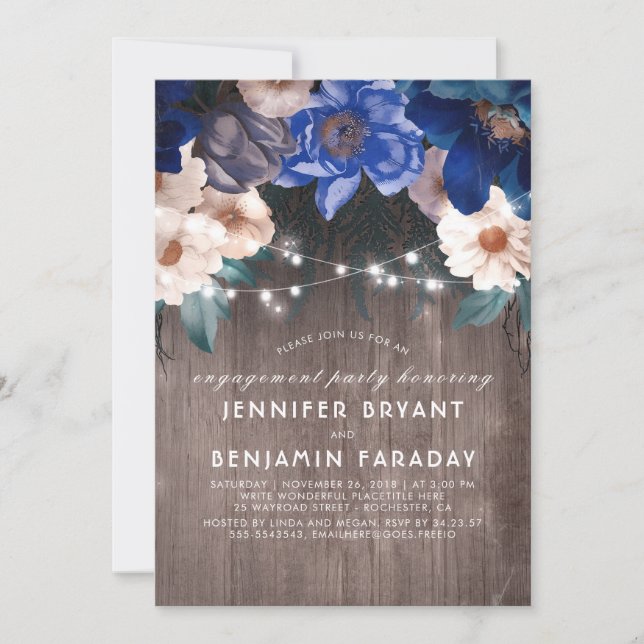 Invitation Blue Floral String éclaire Russe Engagement Party (Devant)