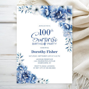 Invitation Blue Floral Surprise 100e fête d'anniversaire