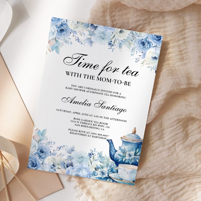Invitation Blue Floral Tea With Mom To Be Baby Shower Invitat (Créateur téléchargé)