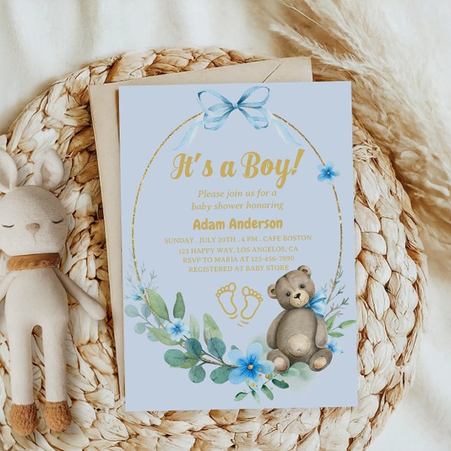 Invitation Blue Floral Teddy Bear C'est un Baby shower garçon (Créateur téléchargé)