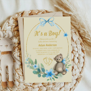 Invitation Blue Floral Teddy Bear C'est un Baby shower garçon