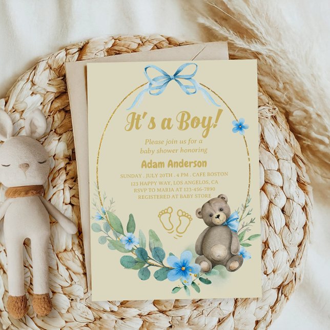 Invitation Blue Floral Teddy Bear C'est un Baby shower garçon (Créateur téléchargé)