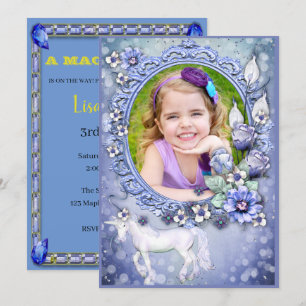 Invitation Blue Floral Unicorne Photo Anniversaire