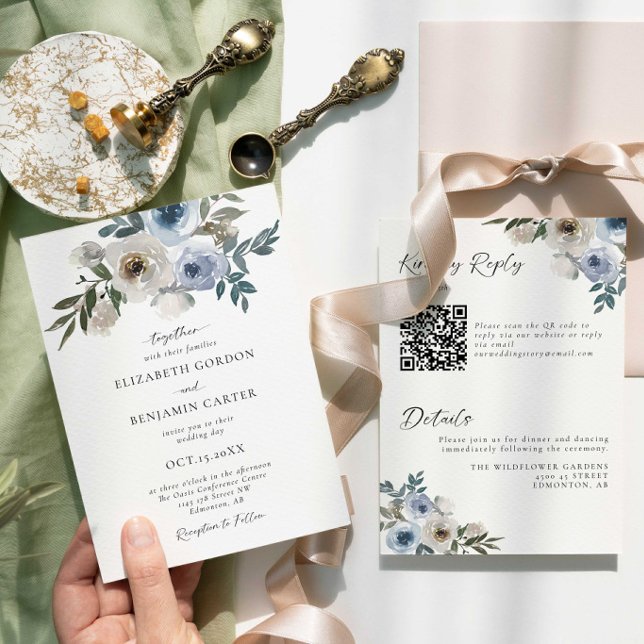 Invitation Blue Floral Wedding Elegant Watercolor QR Code (Créateur téléchargé)