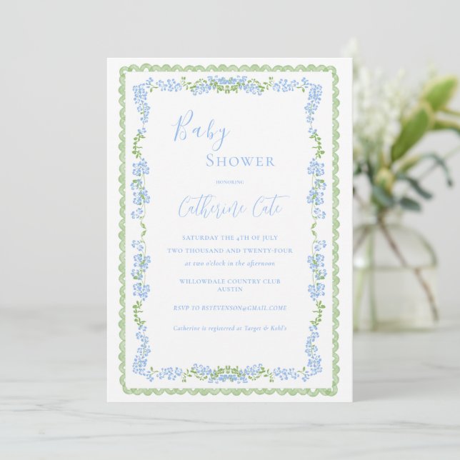 Invitation Blue Floral Whimsical Baby Shower  (Debout devant)