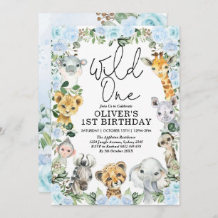 Invitation Blue Floral Wild One Jungle Safari 1er anniversair