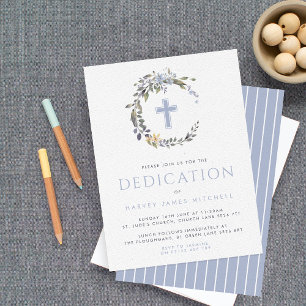 Invitation Blue Floral Wreath & Cross Baby Dedication