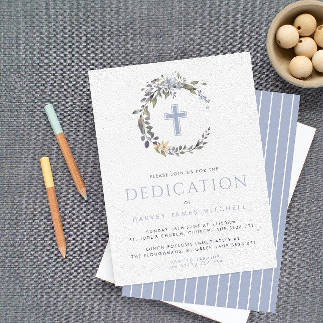 Invitation Blue Floral Wreath & Cross Baby Dedication (Créateur téléchargé)