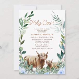 Invitation Blue Floral Wreath Highland Cow Baby shower