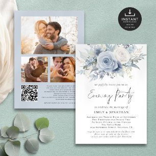Invitation Blue Florals QR 3 Photos Mariage Soirée