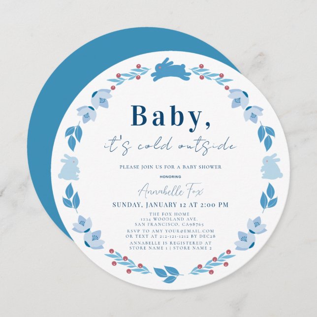 Invitation Blue Folk Art Baby C'est froid dehors Baby shower (Devant / Derrière)