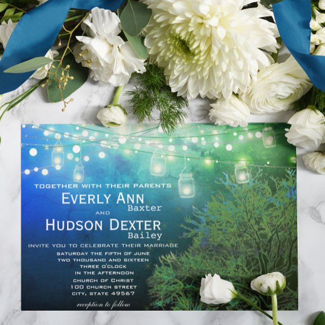Invitation Blue Forest Mason Jar Fairy Lights Mariage (Créateur téléchargé)