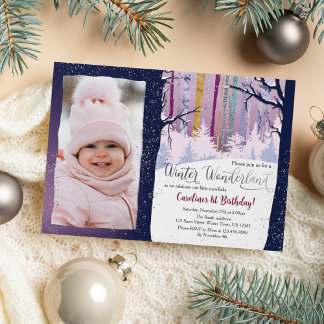 Invitation Blue Forest Winter Wonderland Girls Birthday Photo