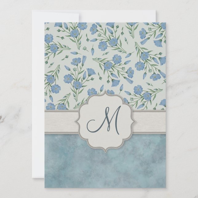 Invitation Blue Forget-Me-Not Floral et marbre avec Monogramm (Devant)