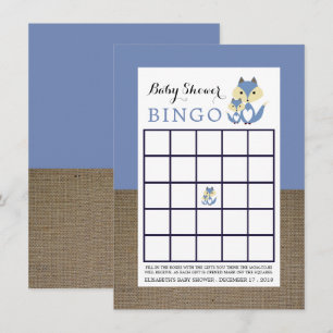 Invitation Blue Fox Burlap Baby shower Bingo