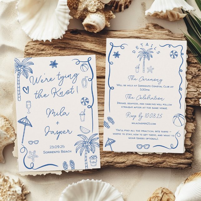 Invitation Blue French Beach Mariage Illustration du bord de  (Blue French Beach Seaside Illustration Wedding Invitation)