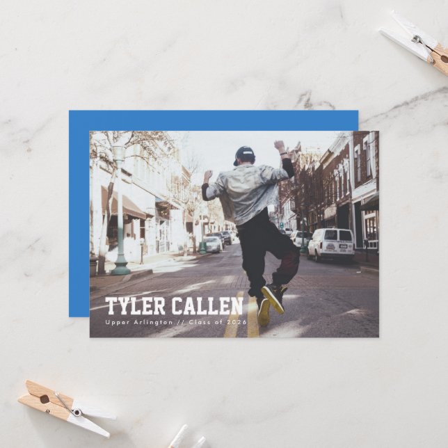 Invitation Blue Full Photo Grad Announcement (Devant/Arrière en situation)