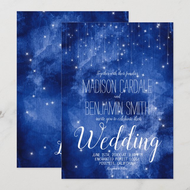 Invitation Blue Galaxy Celestiy Stars Fairy Lights Mariage (Devant / Derrière)