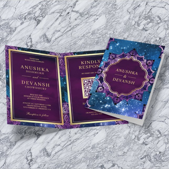 Invitation Blue Galaxy Purple Mandala QR Code Mariage indien (Créateur téléchargé)