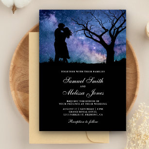 Invitation Blue Galaxy Romantique Couple Mariage Silhouette