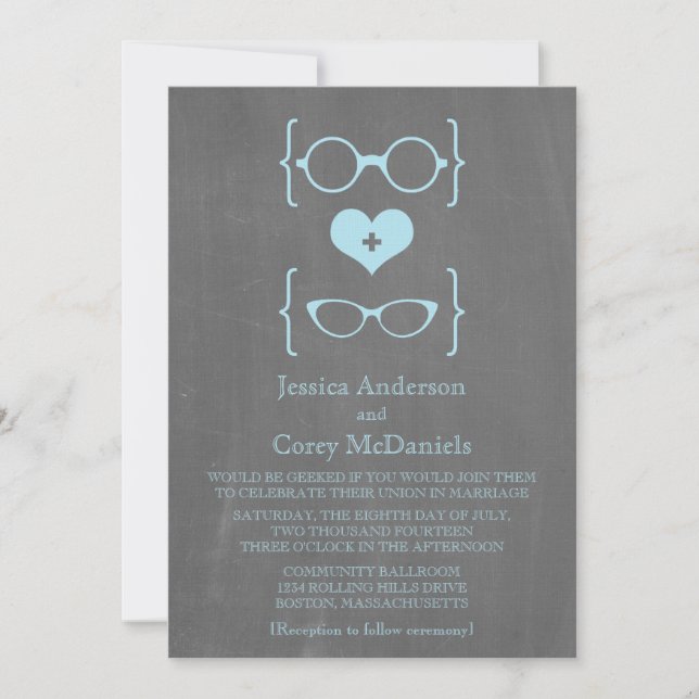 Invitation Blue Geeky Lunettes Chalkboard Mariage Inviter (Devant)