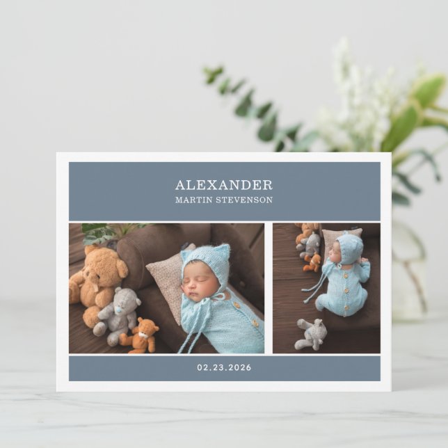Invitation Blue Gender Neutral Photo Baby Announcement Card (Debout devant)
