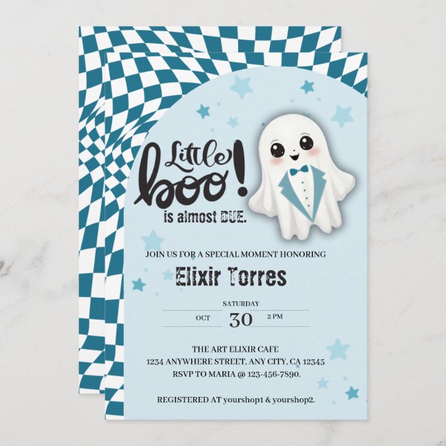 Invitation Blue Ghost Little Boo est presque dû Baby shower (Devant / Derrière)