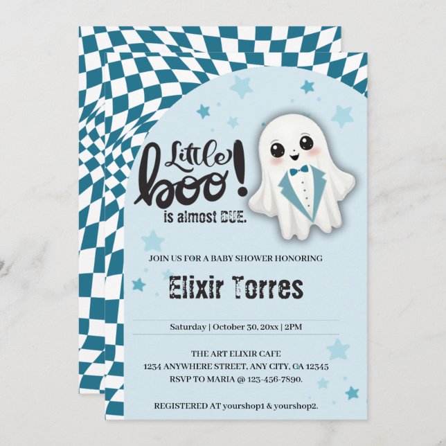 Invitation Blue Ghost Little Boo est presque dû Baby shower (Devant / Derrière)