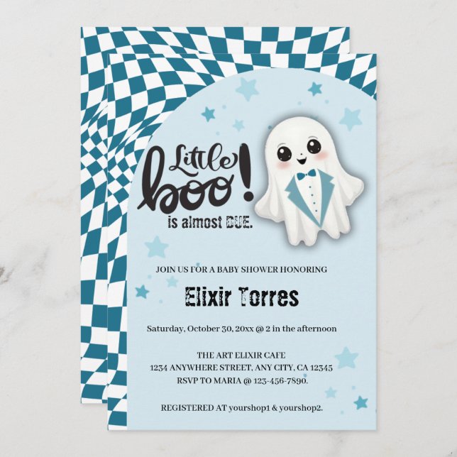 Invitation Blue Ghost Little Boo est presque dû Baby shower (Devant / Derrière)