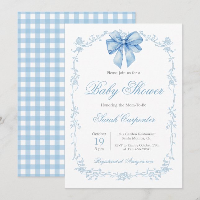 Invitation Blue Gingham and Bow Baby Shower Boy (Devant / Derrière)