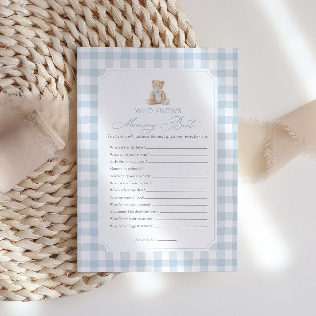 Invitation Blue Gingham Bear Baby Shower Who Knows Mommy Best (Créateur téléchargé)