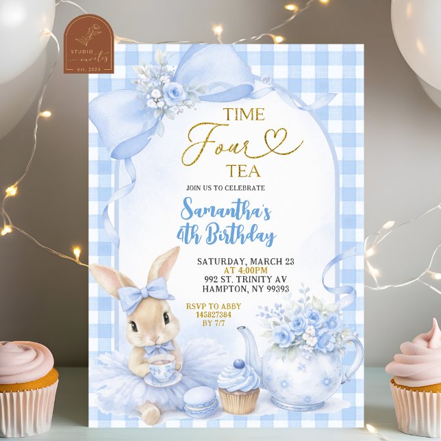 Invitation Blue Gingham Bow Bunny Tea Party Fourth Birthday (Créateur téléchargé)