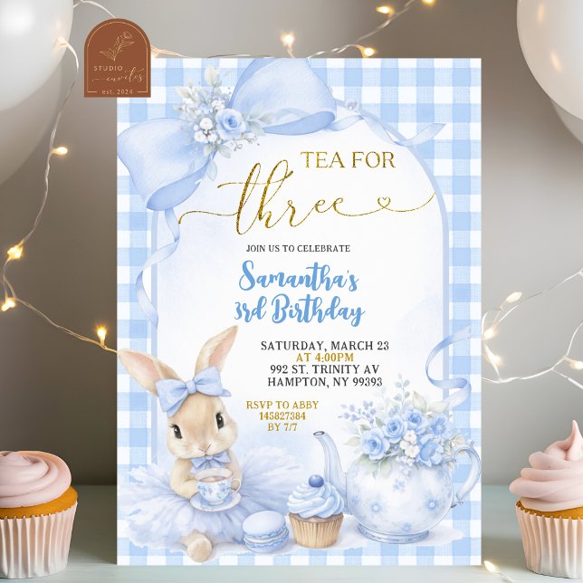 Invitation Blue Gingham Bow Bunny Tea Party Third Birthday (Créateur téléchargé)