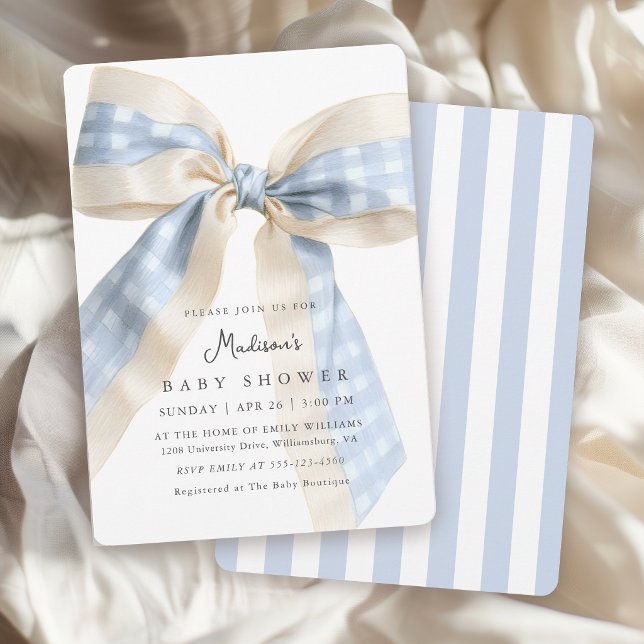 Invitation Blue Gingham Bow Cute Baby Shower (Invitation may be ordered in both printed and instant download digital formats.)