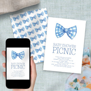 Invitation Blue Gingham Bow Tie Baby Douche pique-nique