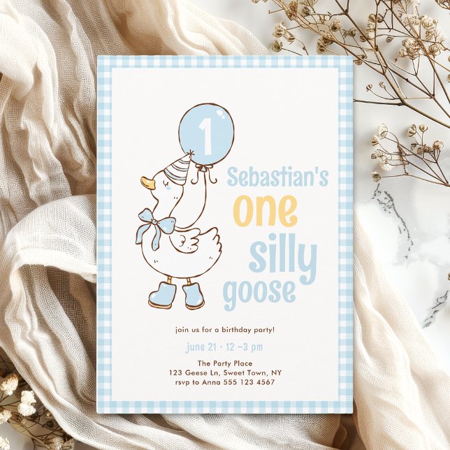 Invitation Blue Gingham Boy One Silly Goose 1st Birthday (The front  of the invitation  is shown in 5x7-inch size. Choose size, paper, and corner style.)