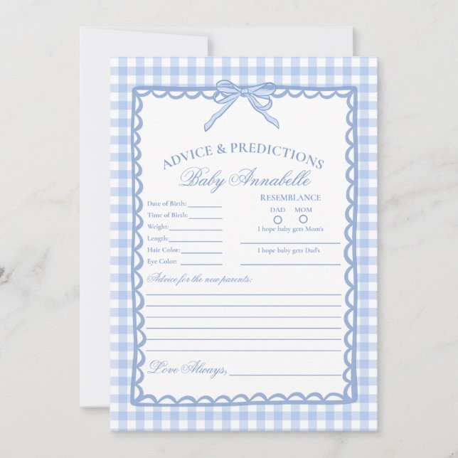 Invitation Blue Gingham Coquette Bow Advice for Baby Card (Devant)