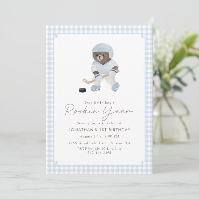 Invitation Blue Gingham Hockey Rookie Year Teddy Bear 1st  (Debout devant)