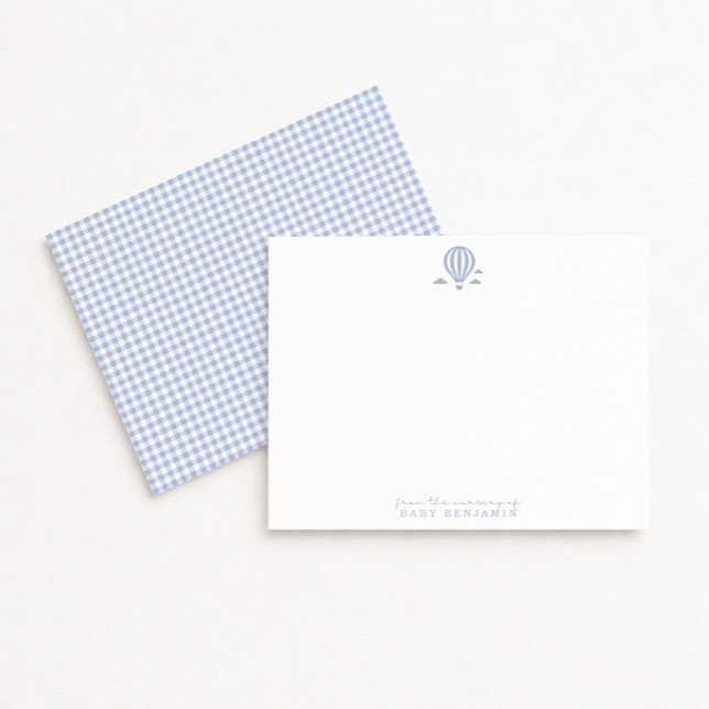 Invitation Blue Gingham Hot Air Balloon Nursery Note Card (Créateur téléchargé)