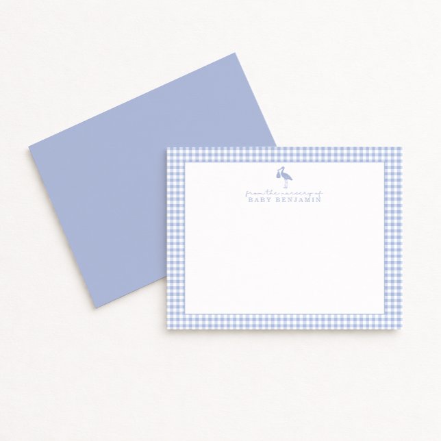Invitation Blue Gingham Stork Nursery Note Card (Créateur téléchargé)