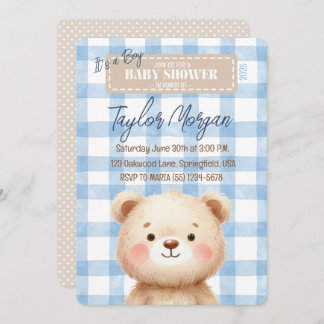Invitation Blue Gingham Teddy Bear