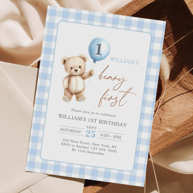 Invitation Blue Gingham Teddy Bear Balloon Boy 1st Birthday (Créateur téléchargé)