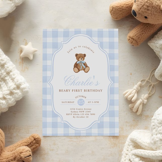 Invitation Blue Gingham Teddy Bear Beary First Birthday (Créateur téléchargé)