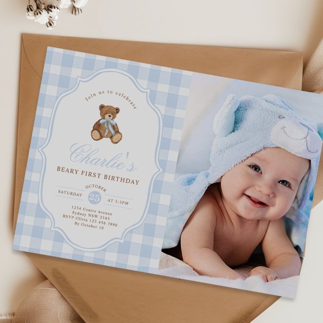 Invitation Blue Gingham Teddy Bear Beary First Birthday Photo (Créateur téléchargé)